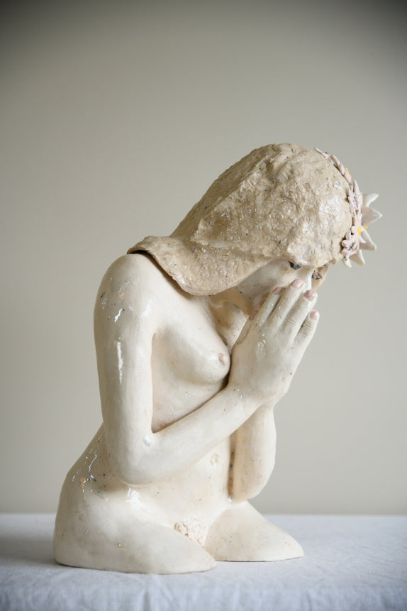 Studio Pottery Seated Female Figure with Floral Headdress