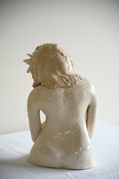 Studio Pottery Seated Female Figure with Floral Headdress