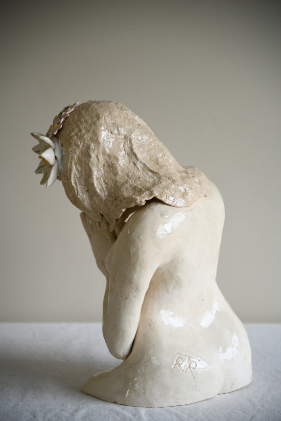 Studio Pottery Seated Female Figure with Floral Headdress