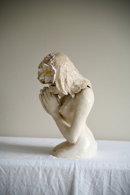 Studio Pottery Seated Female Figure with Floral Headdress