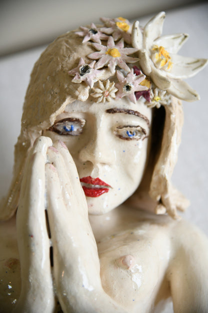 Studio Pottery Seated Female Figure with Floral Headdress