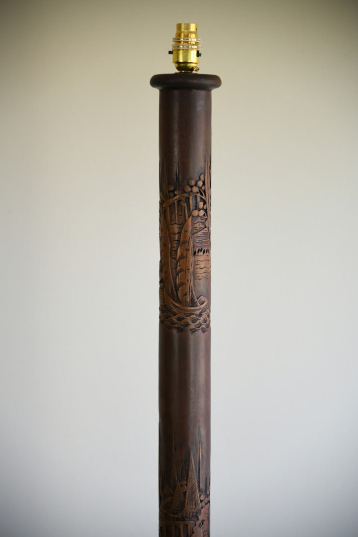 Asian Carved Wooden Standard Lamp