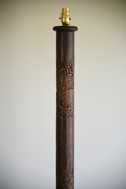 Asian Carved Wooden Standard Lamp