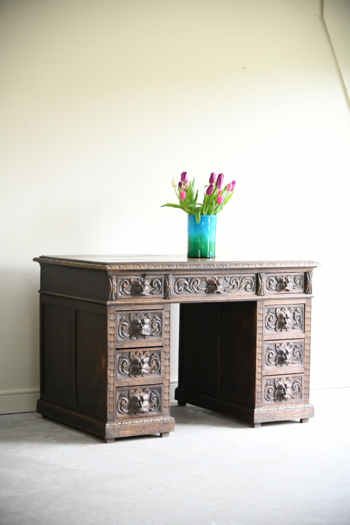 Victorian Oak Green Man Desk