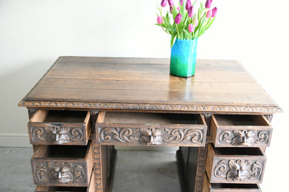 Victorian Oak Green Man Desk