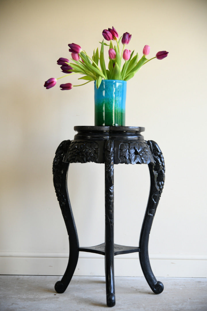 Vintage Oriental Ebonised Carved Wooden Jardiniere Stand