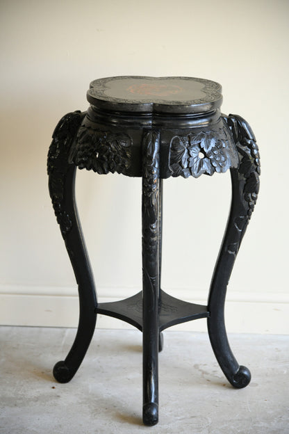 Vintage Oriental Ebonised Carved Wooden Jardiniere Stand