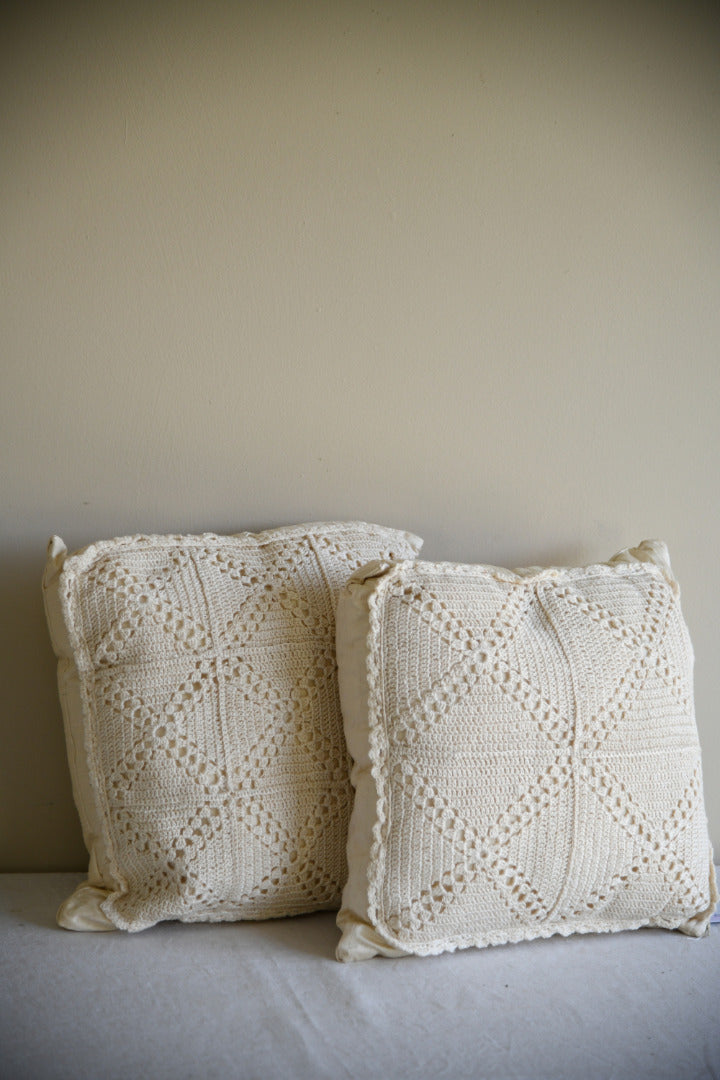 Pair Cream Silk & Crochet Cushions