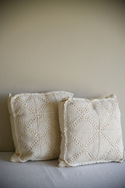 Pair Cream Silk & Crochet Cushions
