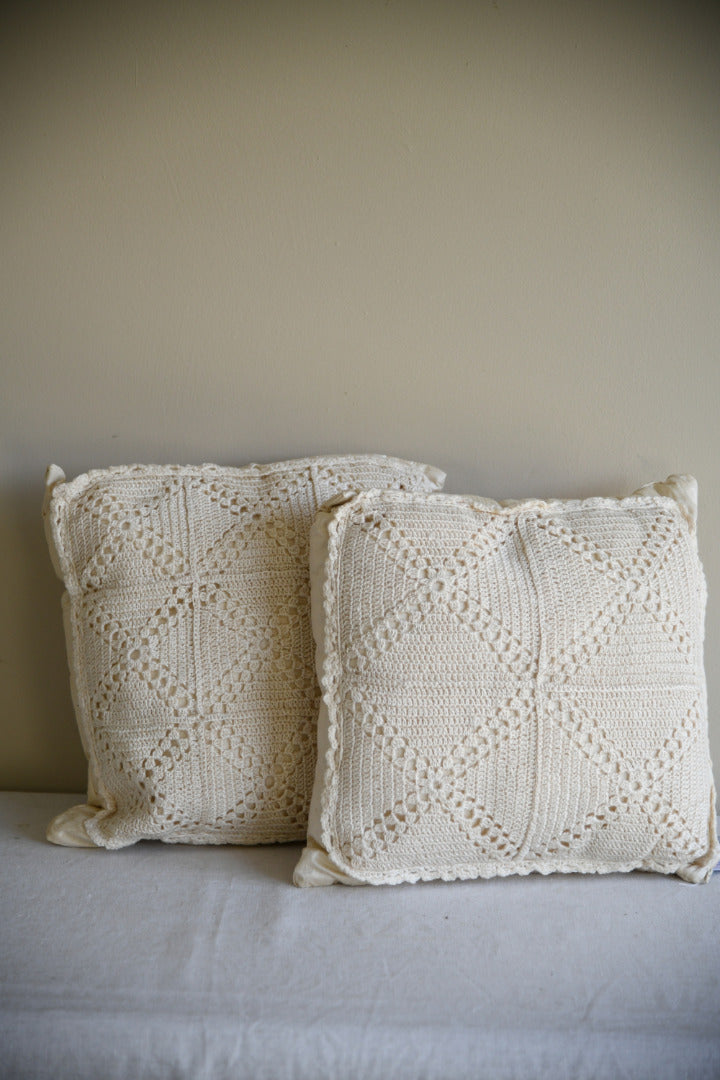 Pair Cream Silk & Crochet Cushions