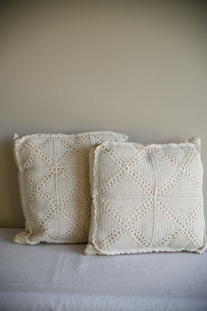 Pair Cream Silk & Crochet Cushions