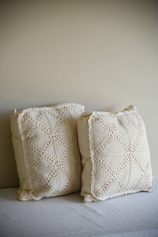 Pair Cream Silk & Crochet Cushions