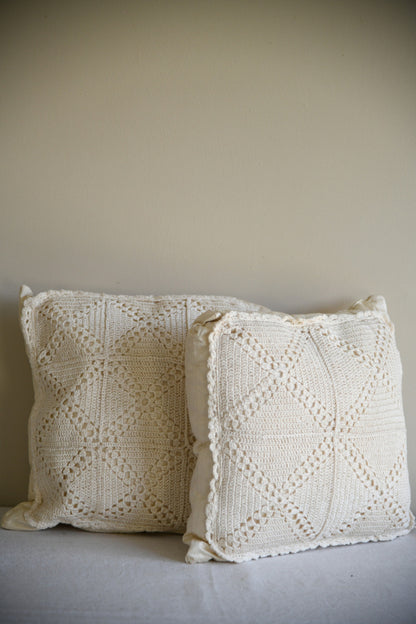 Pair Cream Silk & Crochet Cushions