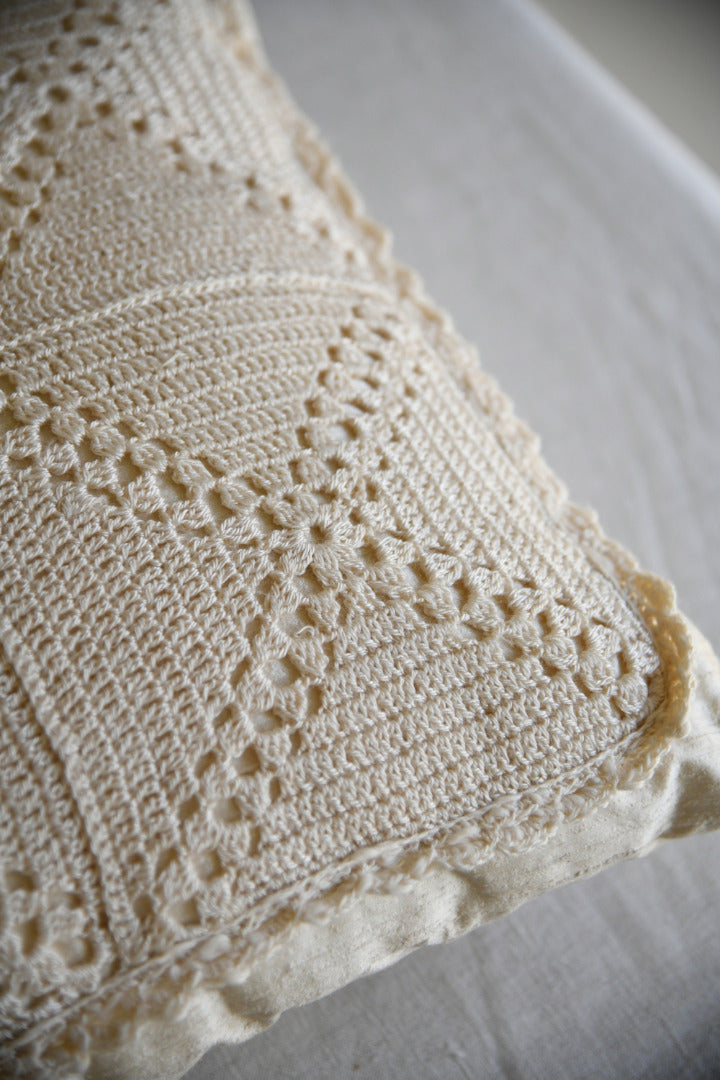 Pair Cream Silk & Crochet Cushions