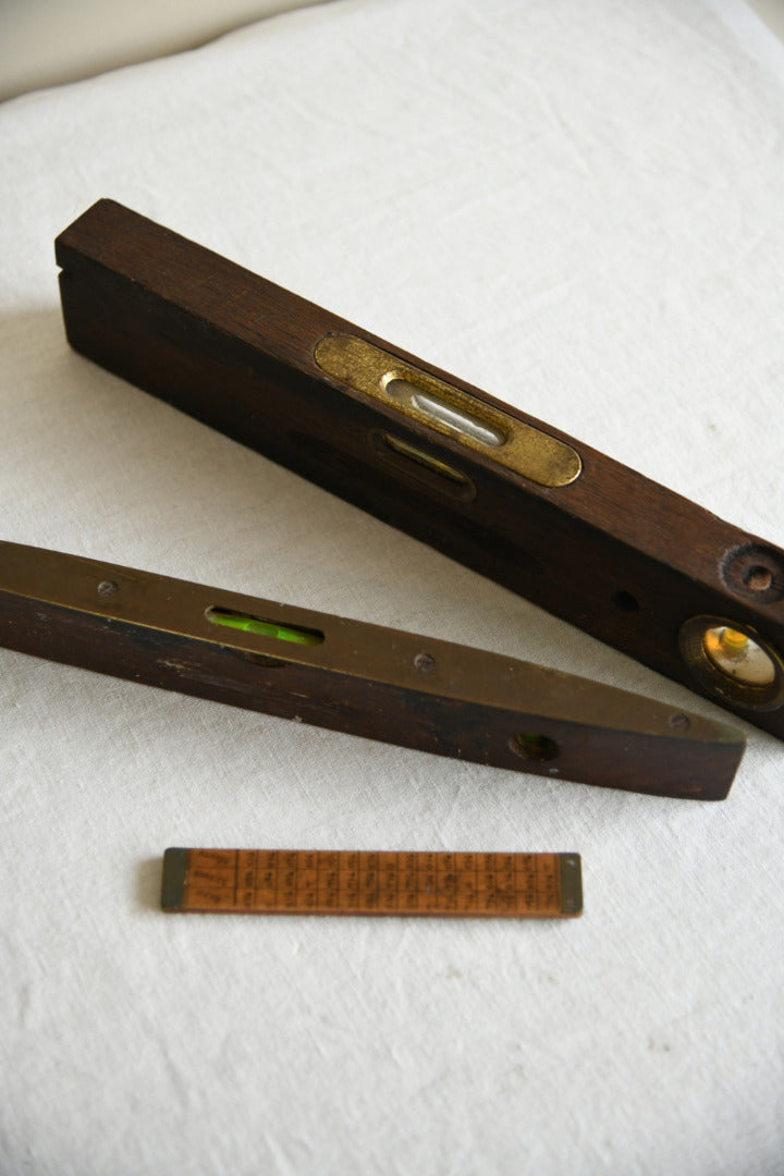 Collection of Vintage Wooden and Brass Spirit Levels and Folding Rule