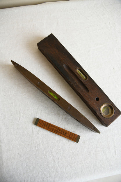 Collection of Vintage Wooden and Brass Spirit Levels and Folding Rule