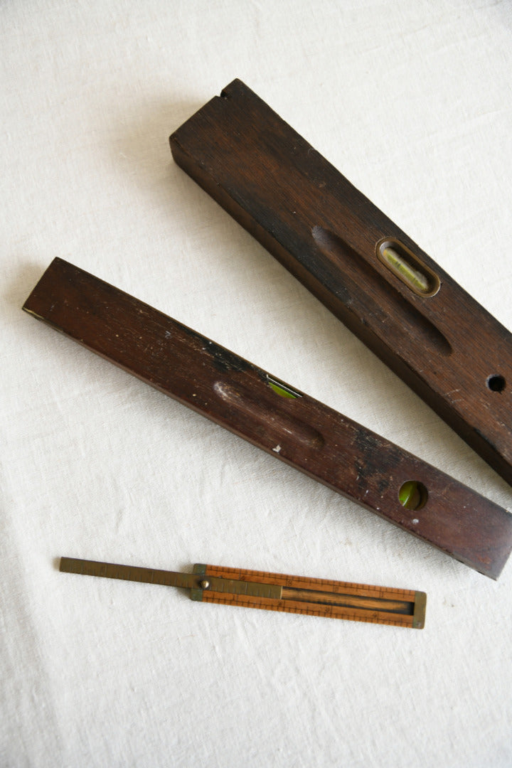 Collection of Vintage Wooden and Brass Spirit Levels and Folding Rule