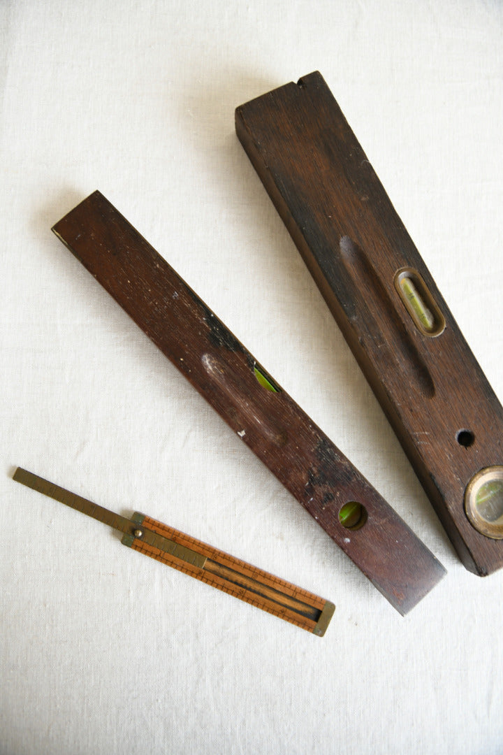 Collection of Vintage Wooden and Brass Spirit Levels and Folding Rule
