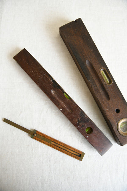 Collection of Vintage Wooden and Brass Spirit Levels and Folding Rule