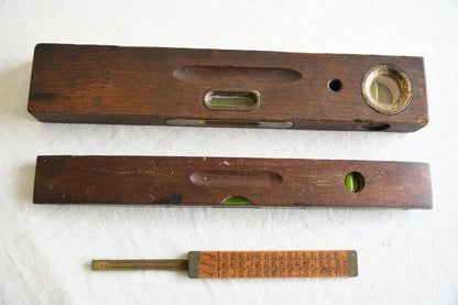 Collection of Vintage Wooden and Brass Spirit Levels and Folding Rule