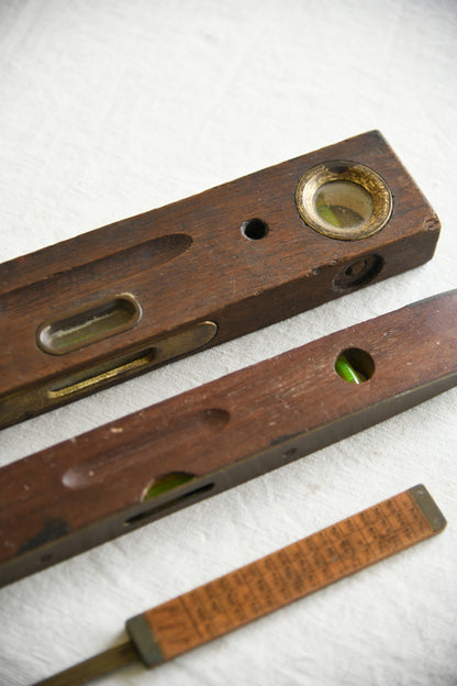 Collection of Vintage Wooden and Brass Spirit Levels and Folding Rule