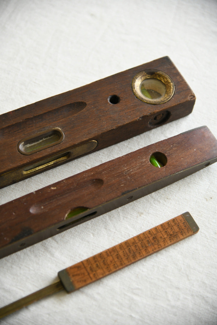 Collection of Vintage Wooden and Brass Spirit Levels and Folding Rule