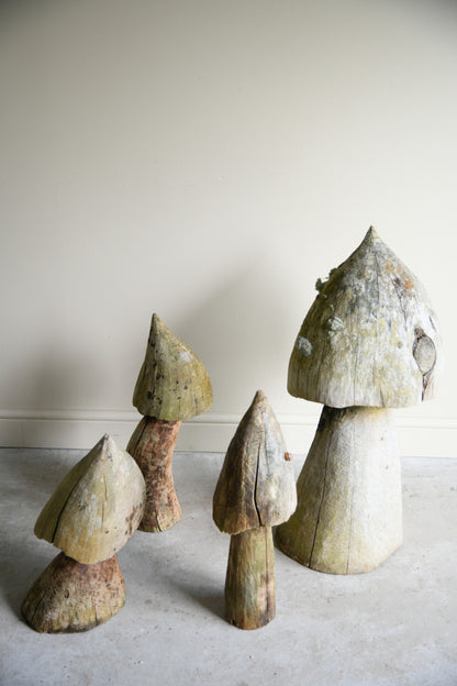 Hand Carved Weathered Garden Mushrooms