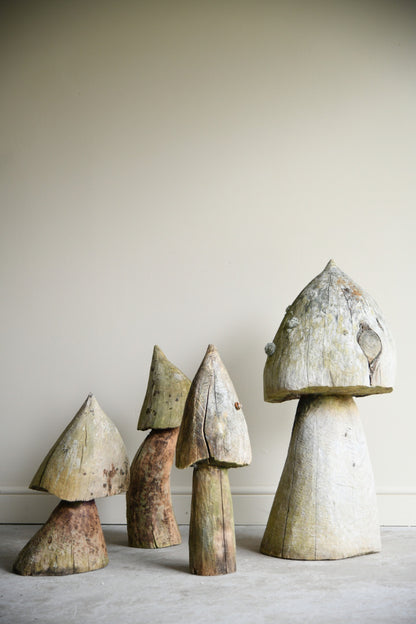 Hand Carved Weathered Garden Mushrooms