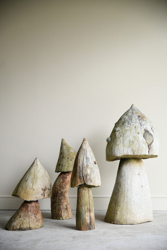 Hand Carved Weathered Garden Mushrooms