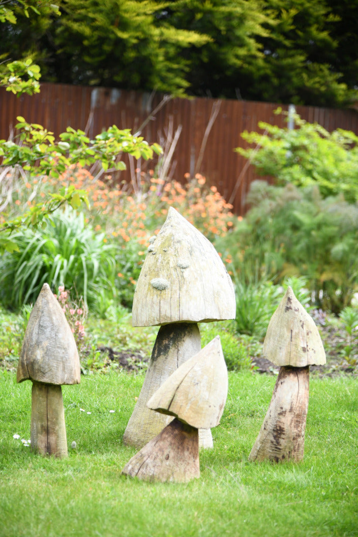 Hand Carved Weathered Garden Mushrooms