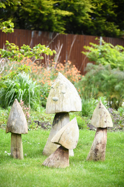 Hand Carved Weathered Garden Mushrooms