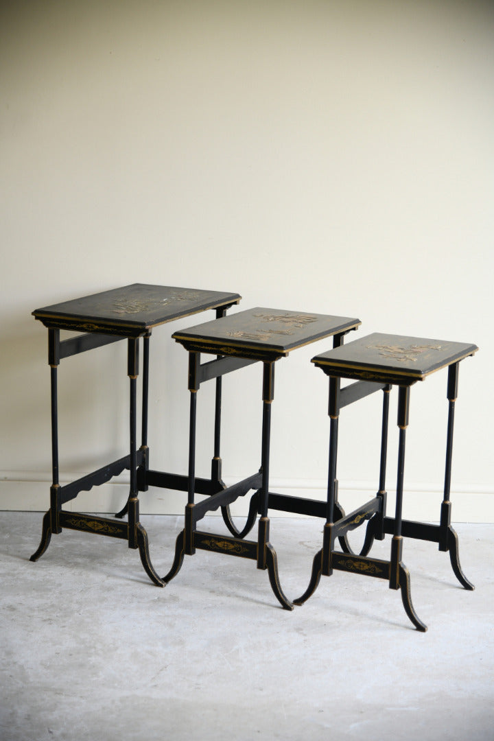 Early 20th Century Chinoiserie Black Lacquer Nest of Three Tables