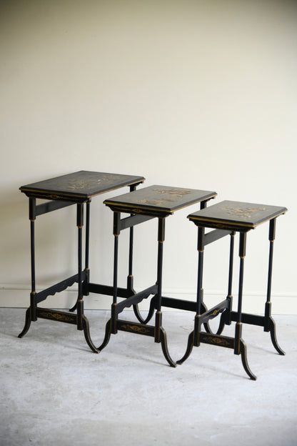 Early 20th Century Chinoiserie Black Lacquer Nest of Three Tables