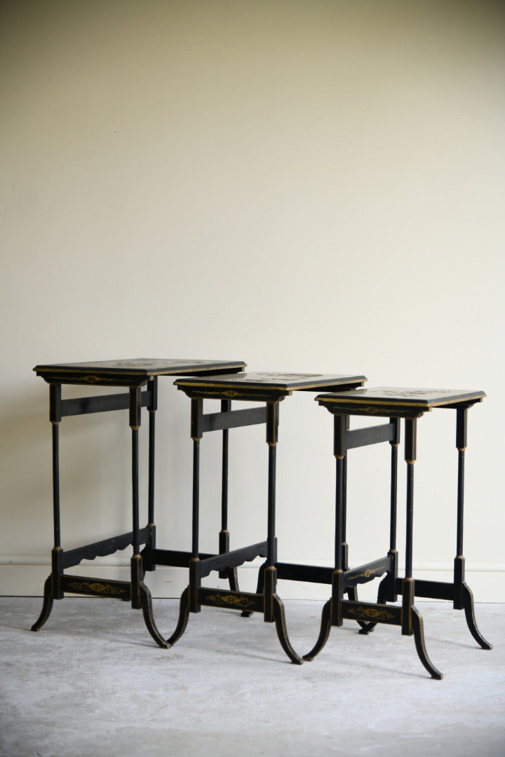 Early 20th Century Chinoiserie Black Lacquer Nest of Three Tables