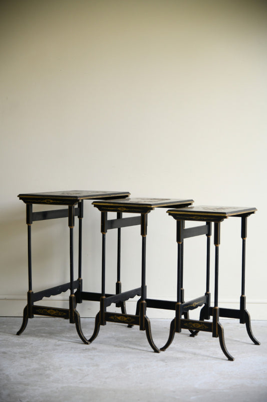 Early 20th Century Chinoiserie Black Lacquer Nest of Three Tables