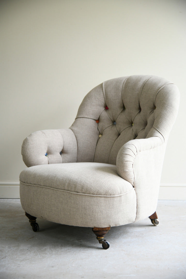 Antique Victorian Button Back Linen Upholstered Tub Armchair