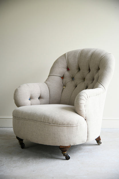 Antique Victorian Button Back Linen Upholstered Tub Armchair
