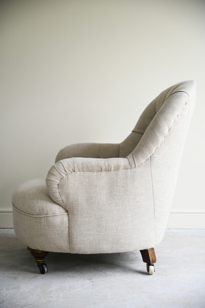 Antique Victorian Button Back Linen Upholstered Tub Armchair