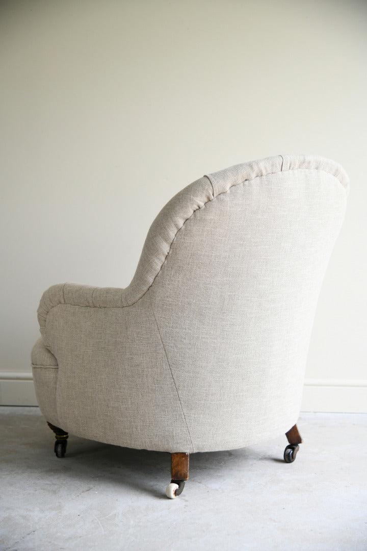 Antique Victorian Button Back Linen Upholstered Tub Armchair