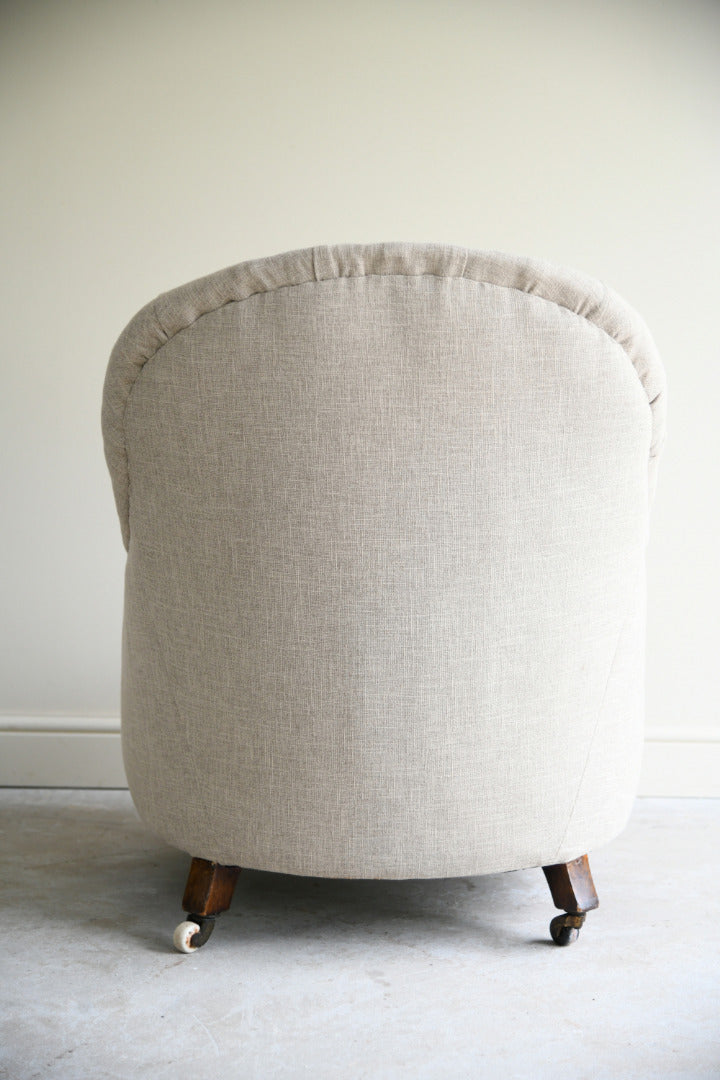 Antique Victorian Button Back Linen Upholstered Tub Armchair
