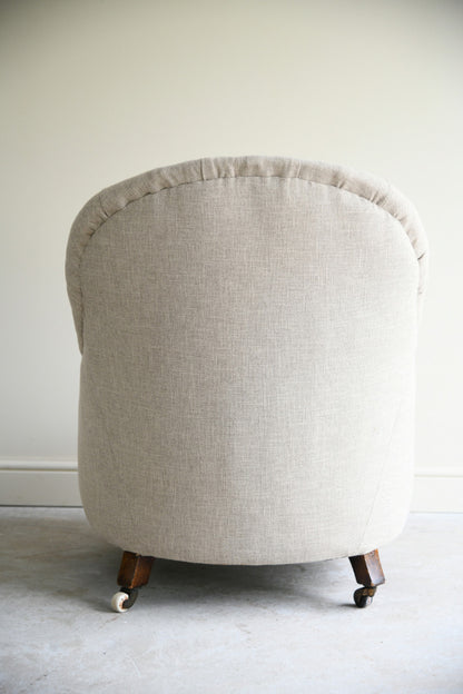 Antique Victorian Button Back Linen Upholstered Tub Armchair