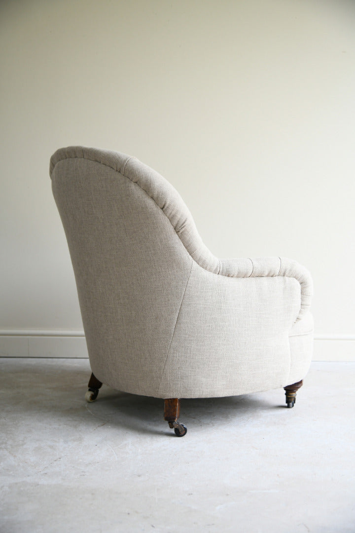 Antique Victorian Button Back Linen Upholstered Tub Armchair