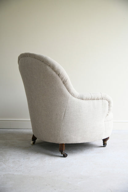 Antique Victorian Button Back Linen Upholstered Tub Armchair