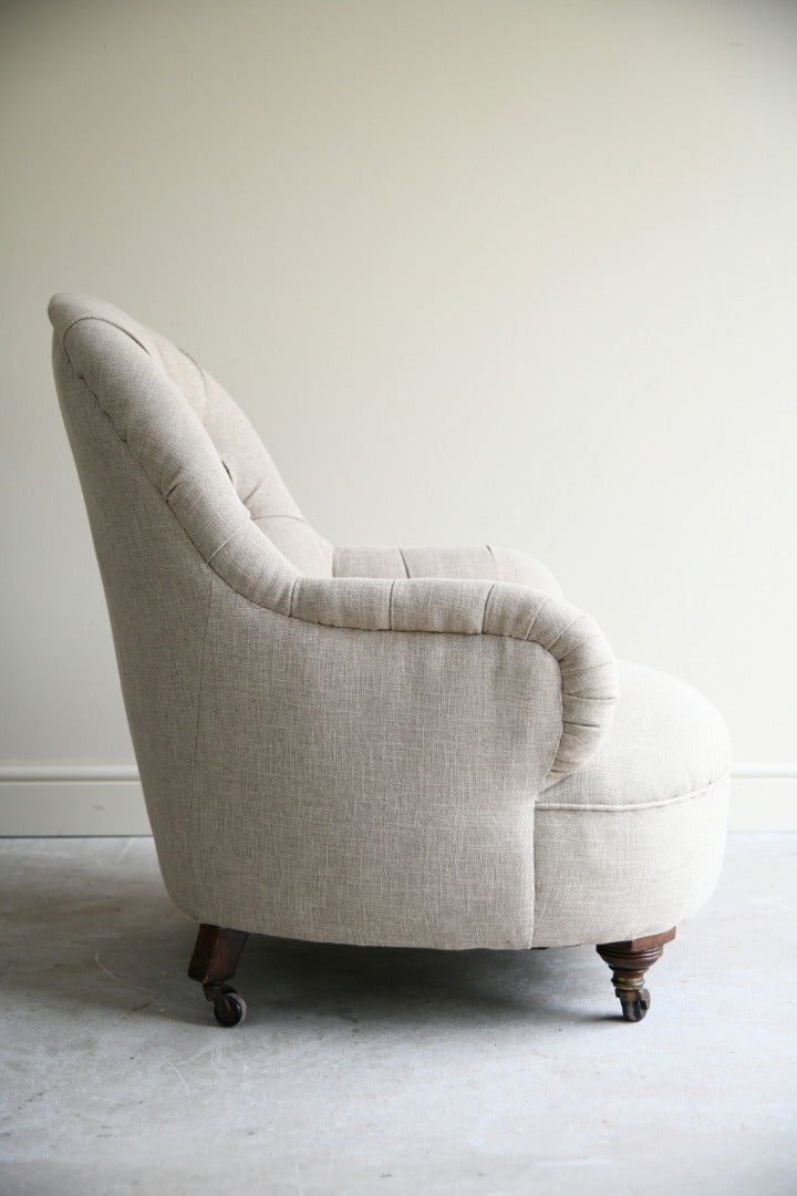Antique Victorian Button Back Linen Upholstered Tub Armchair