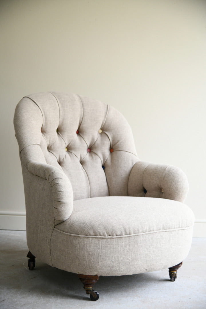 Antique Victorian Button Back Linen Upholstered Tub Armchair