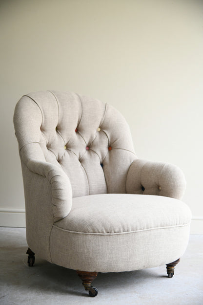 Antique Victorian Button Back Linen Upholstered Tub Armchair