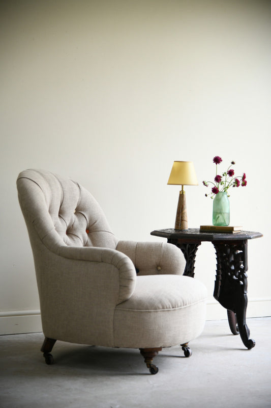 Antique Victorian Button Back Linen Upholstered Tub Armchair