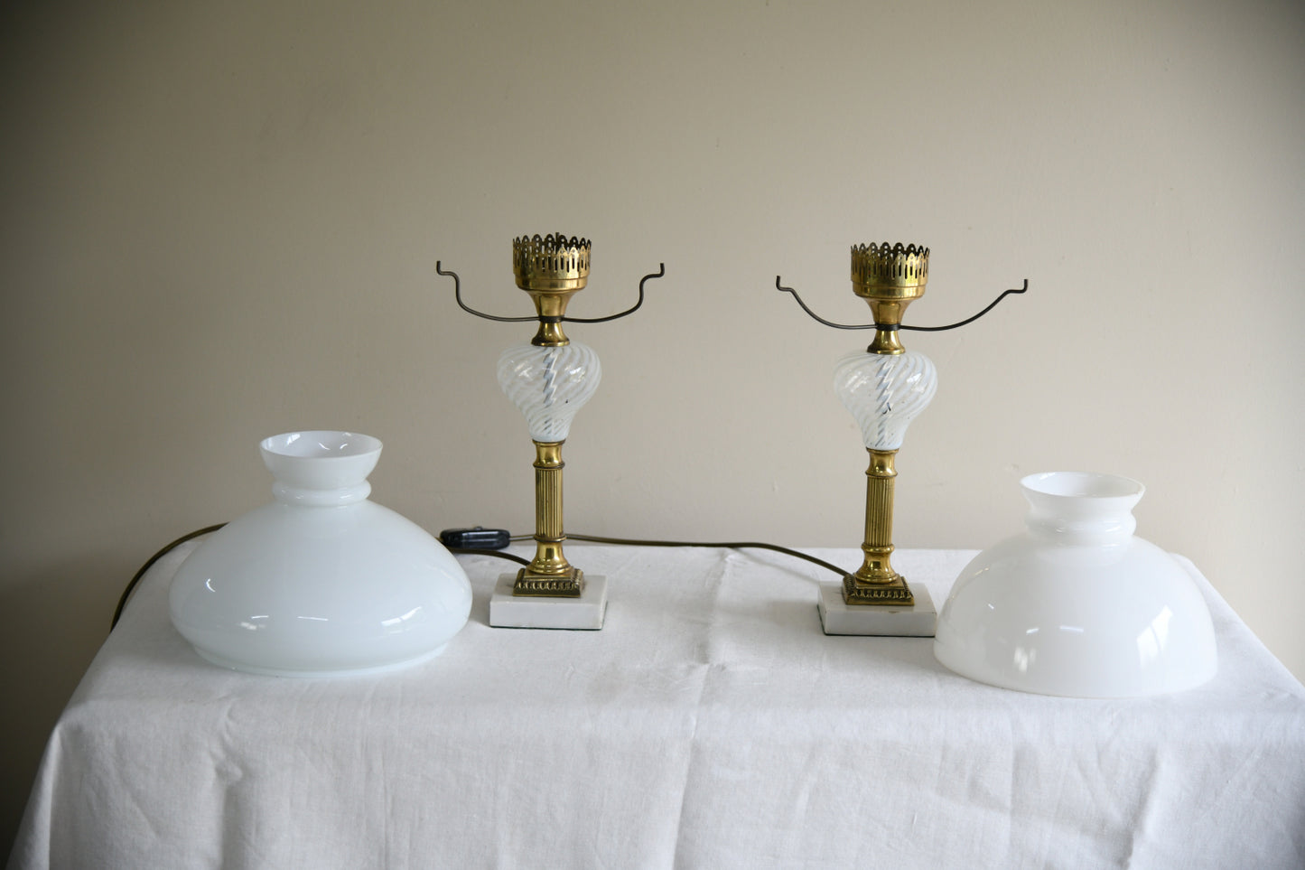 Pair of Early 20th Century Lamps with Opaline Glass Shades