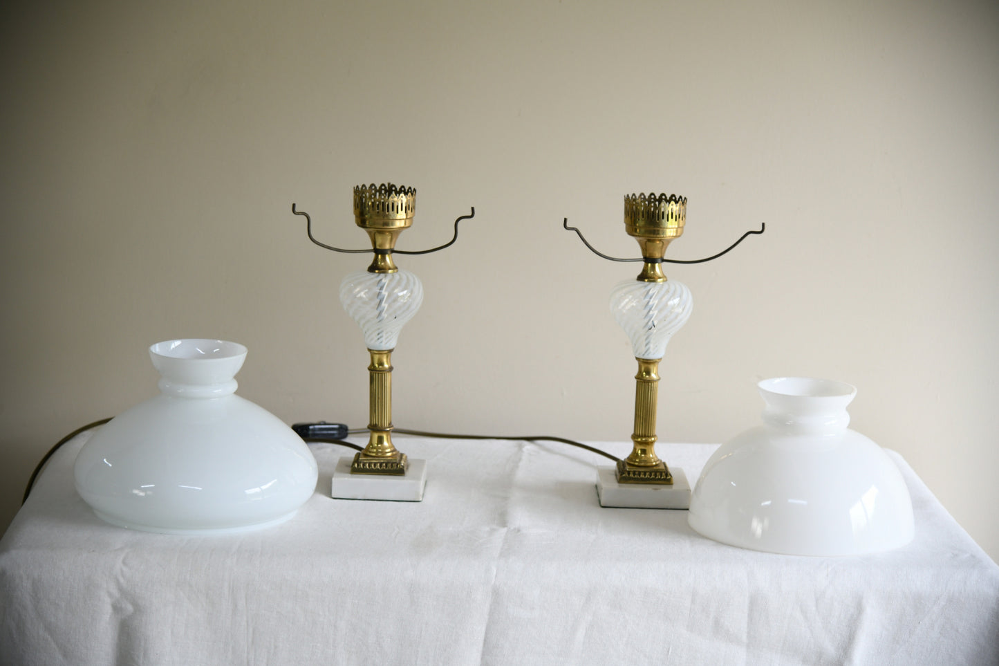 Pair of Early 20th Century Lamps with Opaline Glass Shades