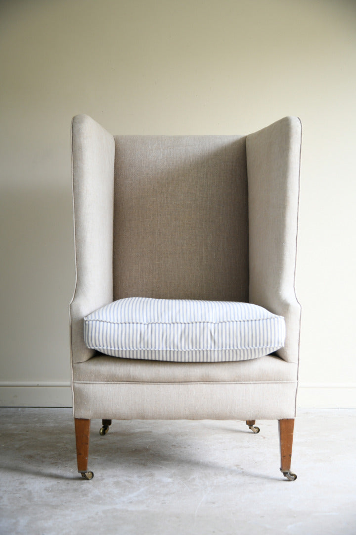 Antique Linen Upholstered Wing Back Armchair